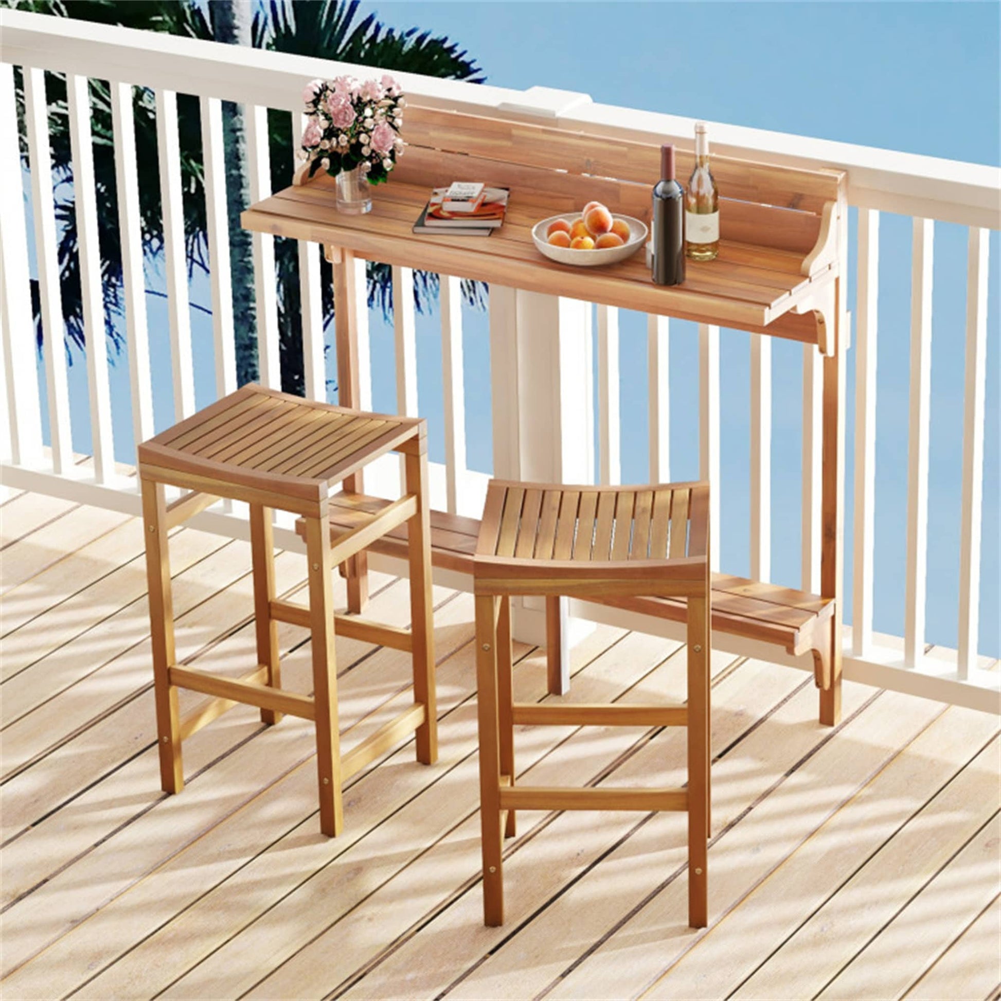 BABOOM Patio Bar Set 3 -Piece Natural Patio Dining Set Wood Rectangle Table with 2 Stationary Chairs