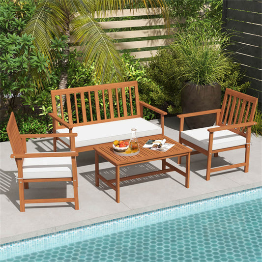BABOOM Wood Furniture Set 4 -Piece Patio Conversation Set with Off-white Cushions