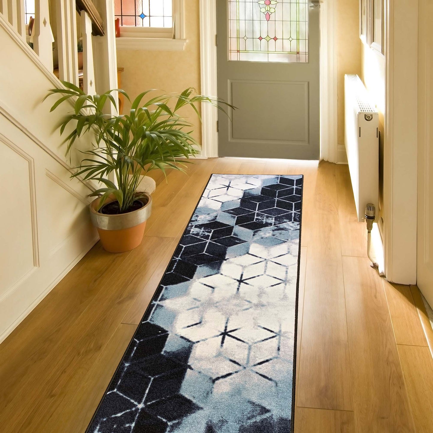 Playa Rug 2'2" x 49' Non-Slip Custom Cut Carpet for Hallways 2 x 49 (ft) Loomed Polyester Cubes Abstract-Blue Rectangular Indoor Abstract Spot Clean Only Pet Friendly Runner rug