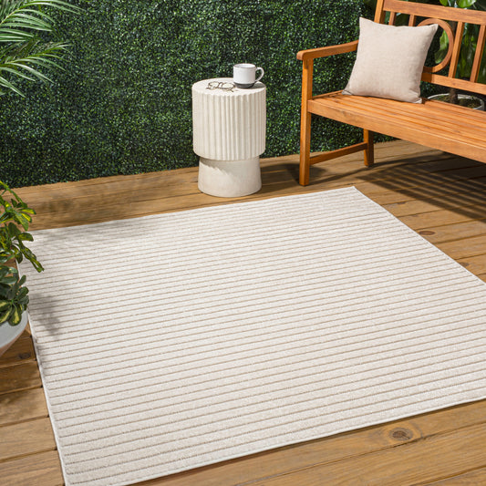 JONATHAN  Y SCANDINAVIAN Aarhus High-Low Minimalist Scandi Striped 9 x 9 (ft) Loomed Polypropylene Ivory/Cream Square Indoor/Outdoor Stripe Mid-Century Modern House Wahable Pet Friendly Area rug