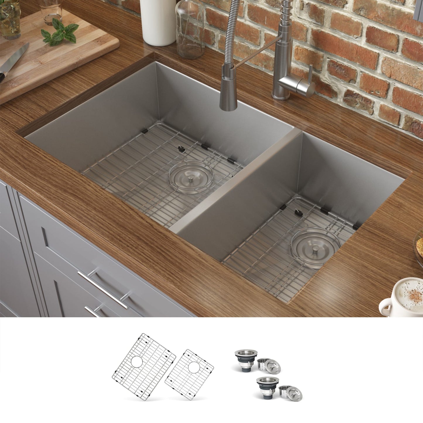 Ruvati Nesta Undermount 29-in x 19-in Stainless steel Double offset bowl 16 -Gauge Kitchen Sink