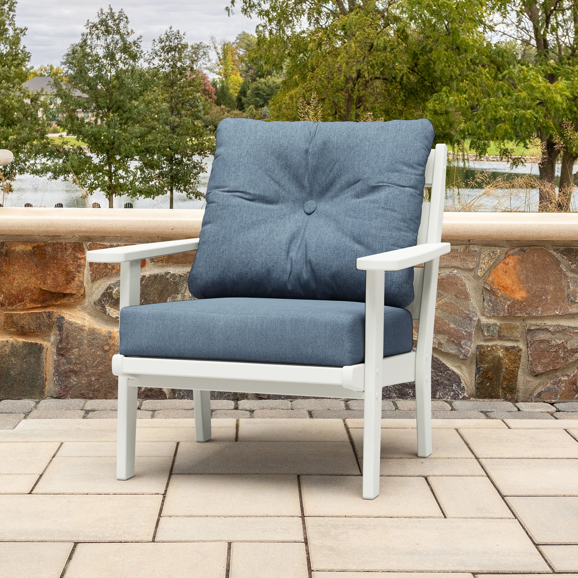 allen + roth by POLYWOOD Oakport White HDPE Frame Stationary Conversation Chair with Light blue Cushioned Seat