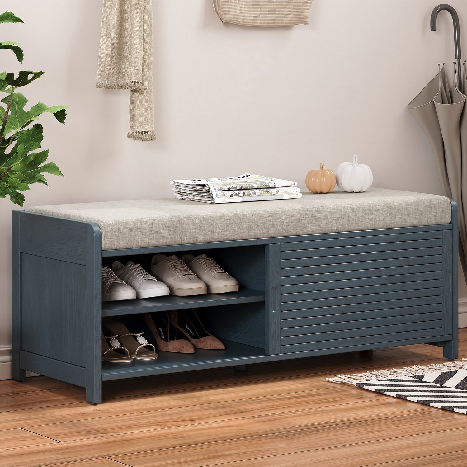 LUCKY ONE Farmhouse Blue Storage Bench with Storage 43.3-in x 15.3-in x 16.5-in