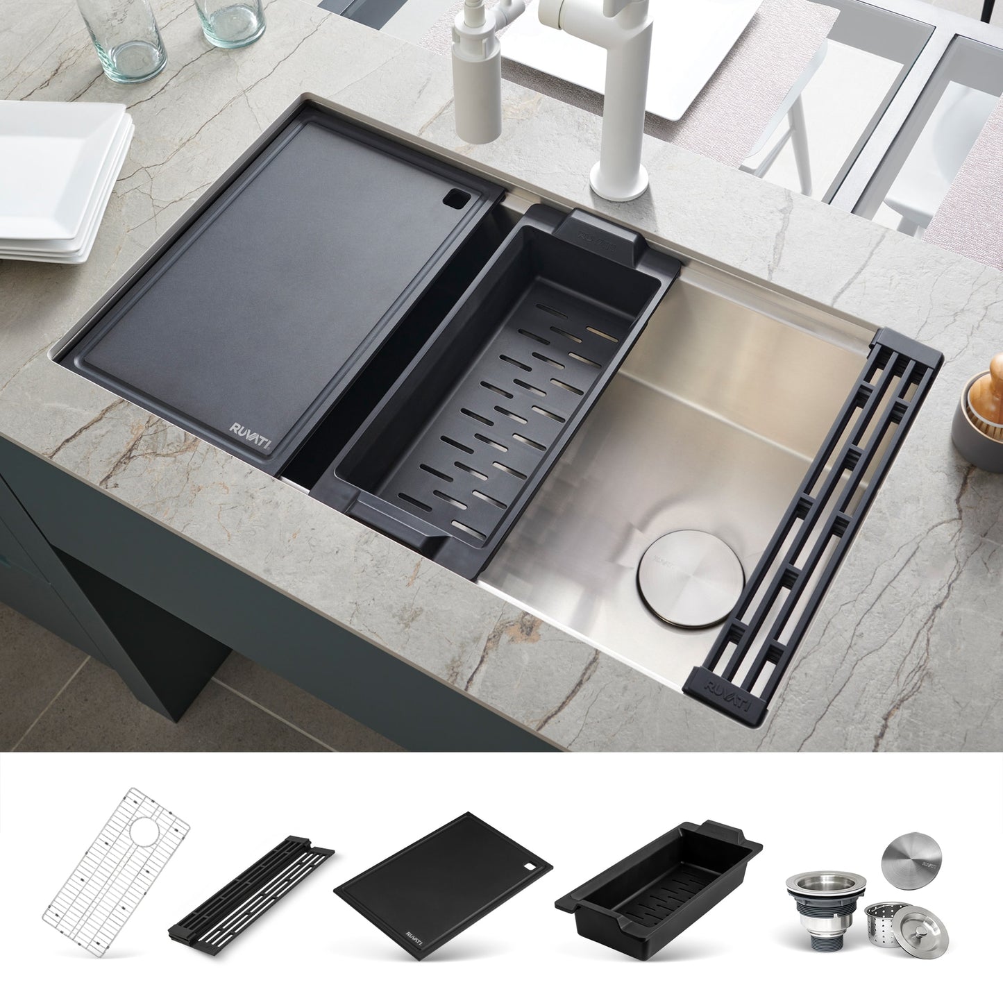 Ruvati Veniso Undermount 33-in x 19-in Stainless steel Single bowl 16 -Gauge Workstation Kitchen Sink