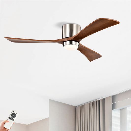 WELLFOR 52-in Brushed Nickel with Walnut Blades Color-Changing Integrated LED Flush Mount Ceiling Fan With Light 3 -Blade