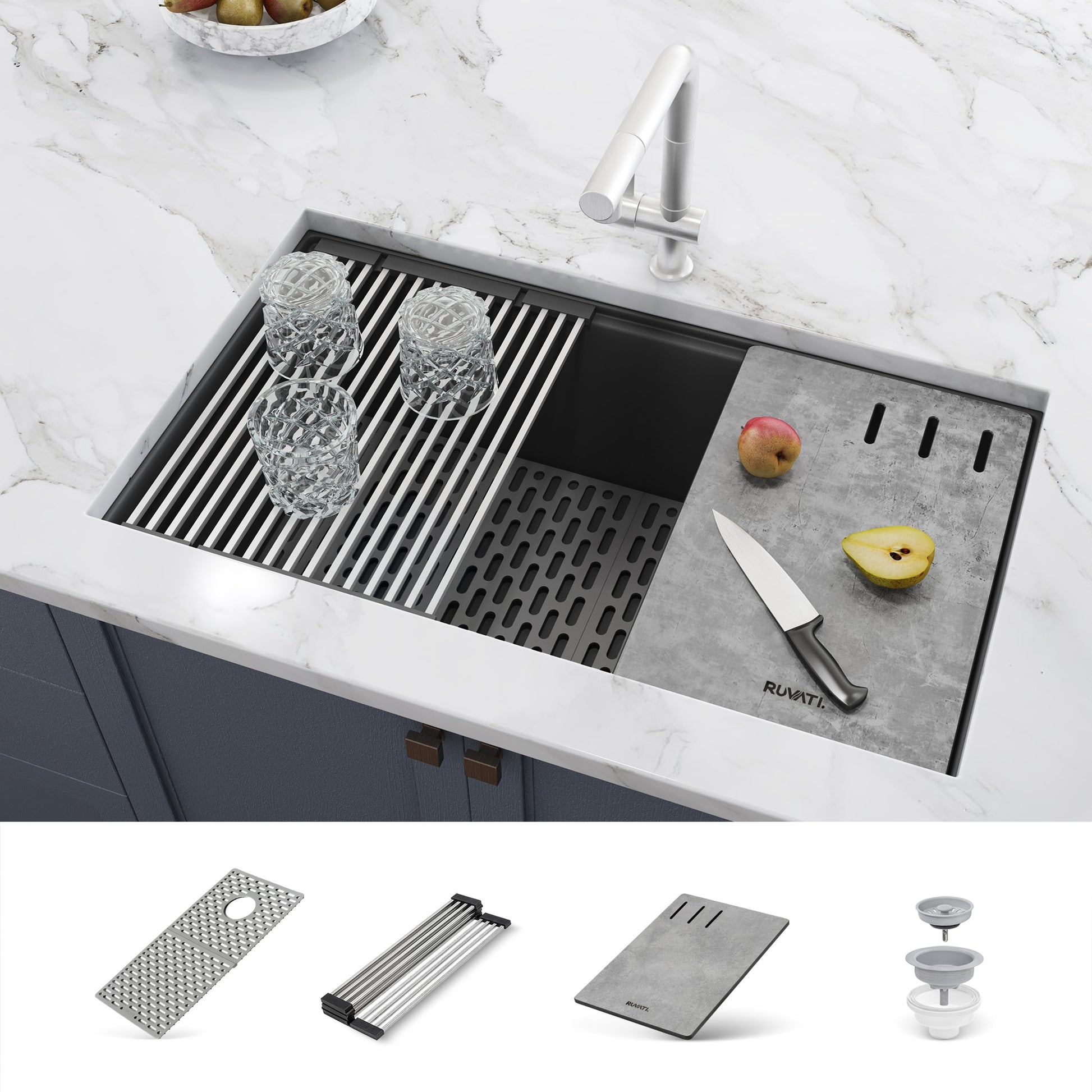 Ruvati epiStage Undermount 33-in x 19-in Granite Single bowl Workstation Kitchen Sink