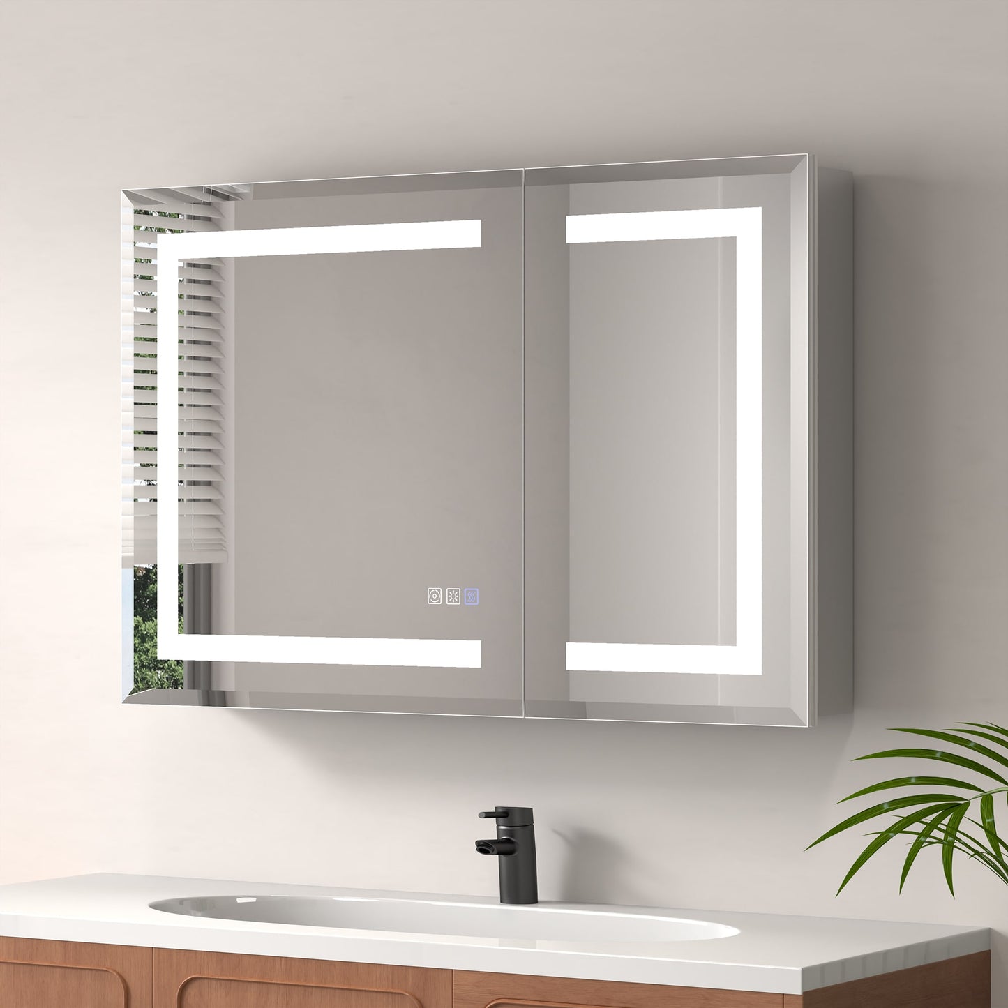 ExBrite Prisma 36-in x 24-in Lighted LED Fog Free Surface/Recessed Mount Silver Mirrored Rectangle Soft Close Medicine Cabinet