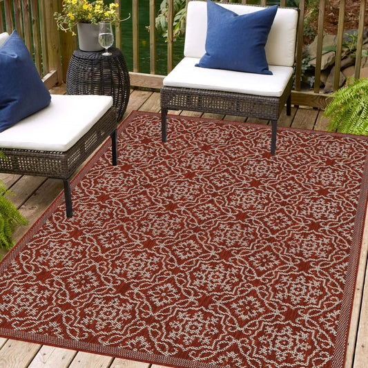 Playa Rug 9 x 12 (ft) Loomed Polypropylene Eliza-Red Ivory Rectangular Indoor/Outdoor Damask Machine washable Pet Friendly Area rug