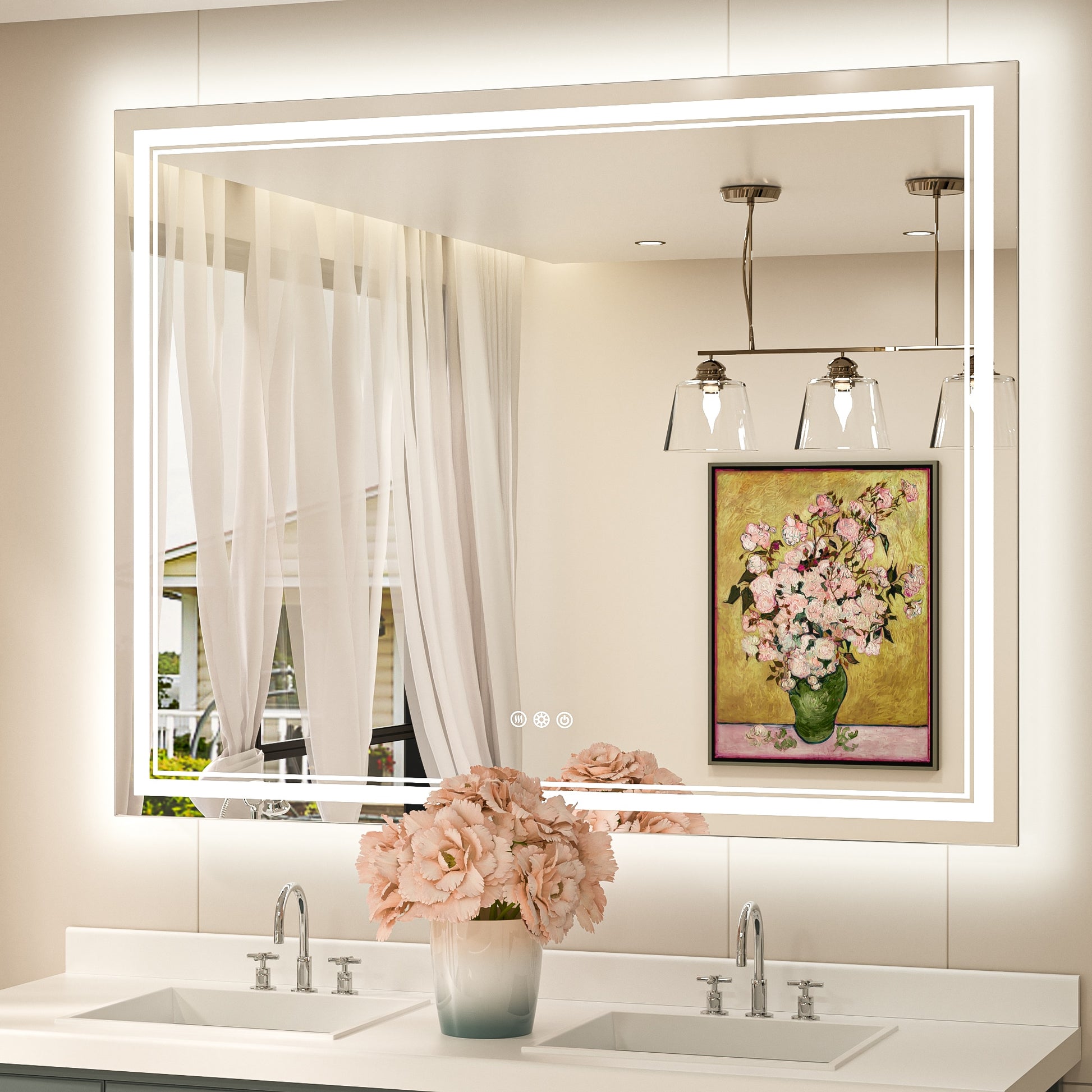 Keonjinn Lighted Mirror 48-in x 40-in Polished Frameless Rectangle Dimmable LED Lighted Fog Free Bathroom Vanity Mirror ( Silver )