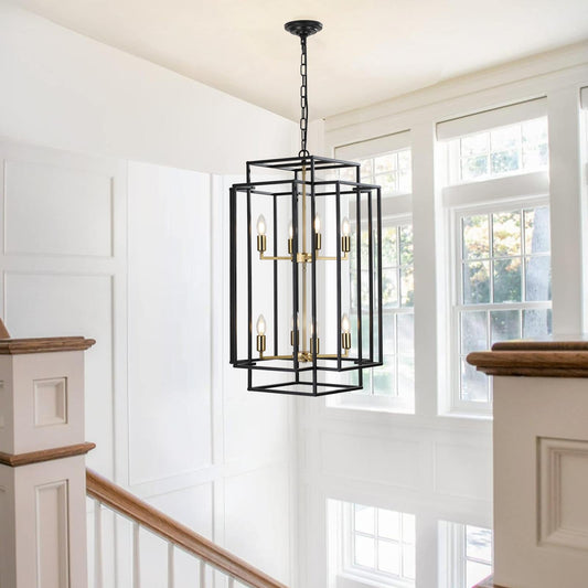 Bayfeve Geometric Metal Frame Chandeliers 8 -Light Matte Black Vintage Cage For Use in Bedrooms, Dining Rooms, Foyers, Kitchens, Living Rooms Chandelier