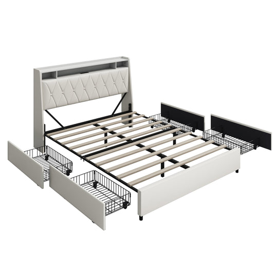 SINOFURN Queen White Faux Leather Tufted Bed Frame Storage with Headboard