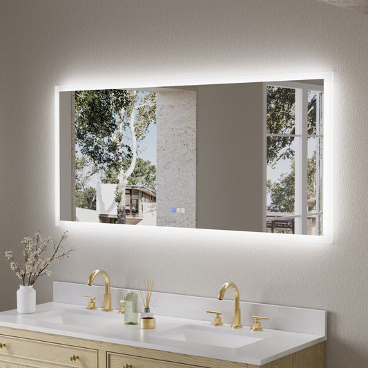 WELLFOR GALAXY LED Mirror 60-in x 28-in Polished Frameless Rectangle Dimmable LED Lighted Fog Free Bathroom Vanity Mirror ( White )