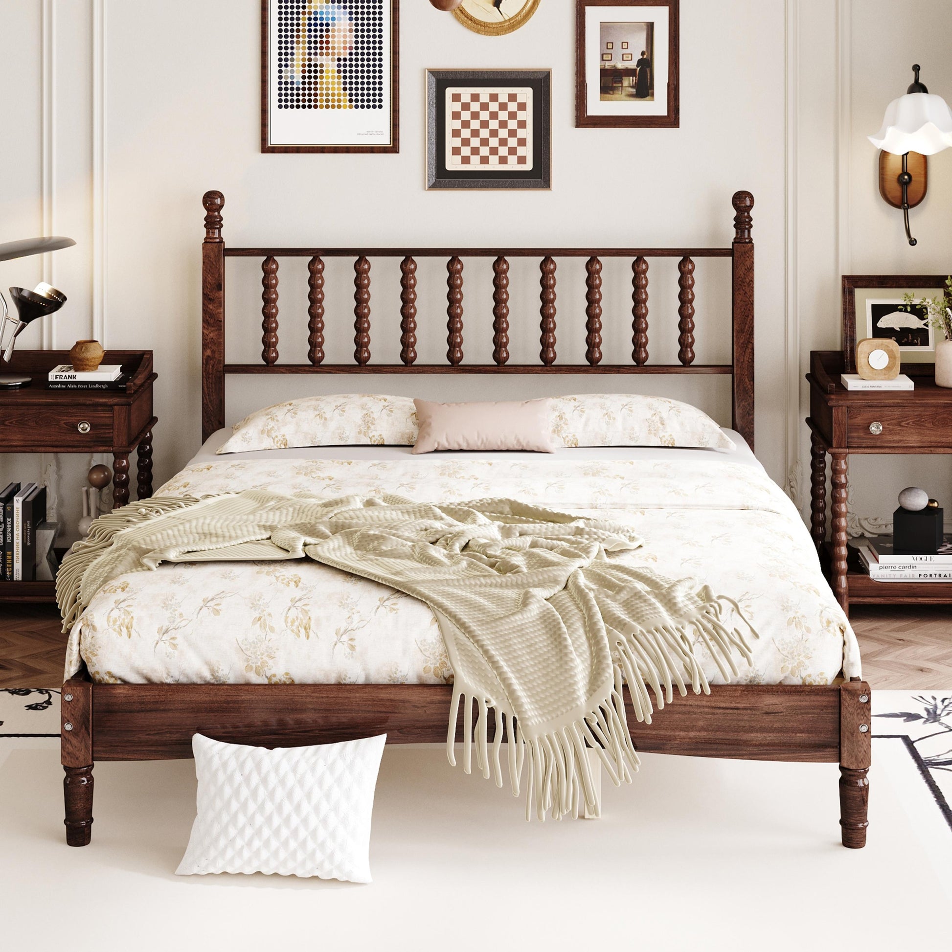 Bayfeve Queen Walnut Wood Platform Bed with Headboard