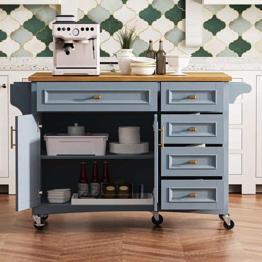 Bayfeve Blue MDF Base with Wood Wood Top Rolling Kitchen Island ( 29.5-in x 52-in x 36.25-in )