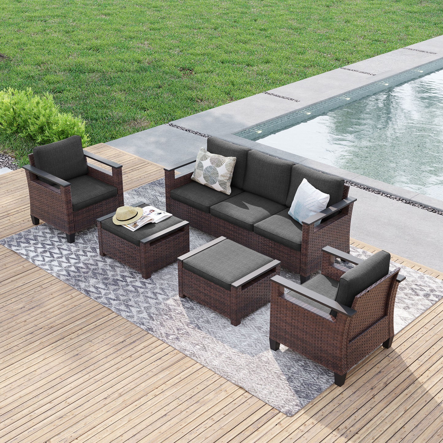 Sonkuki 5 -Piece Wicker Patio Sofa Conversation Set with Black Cushions