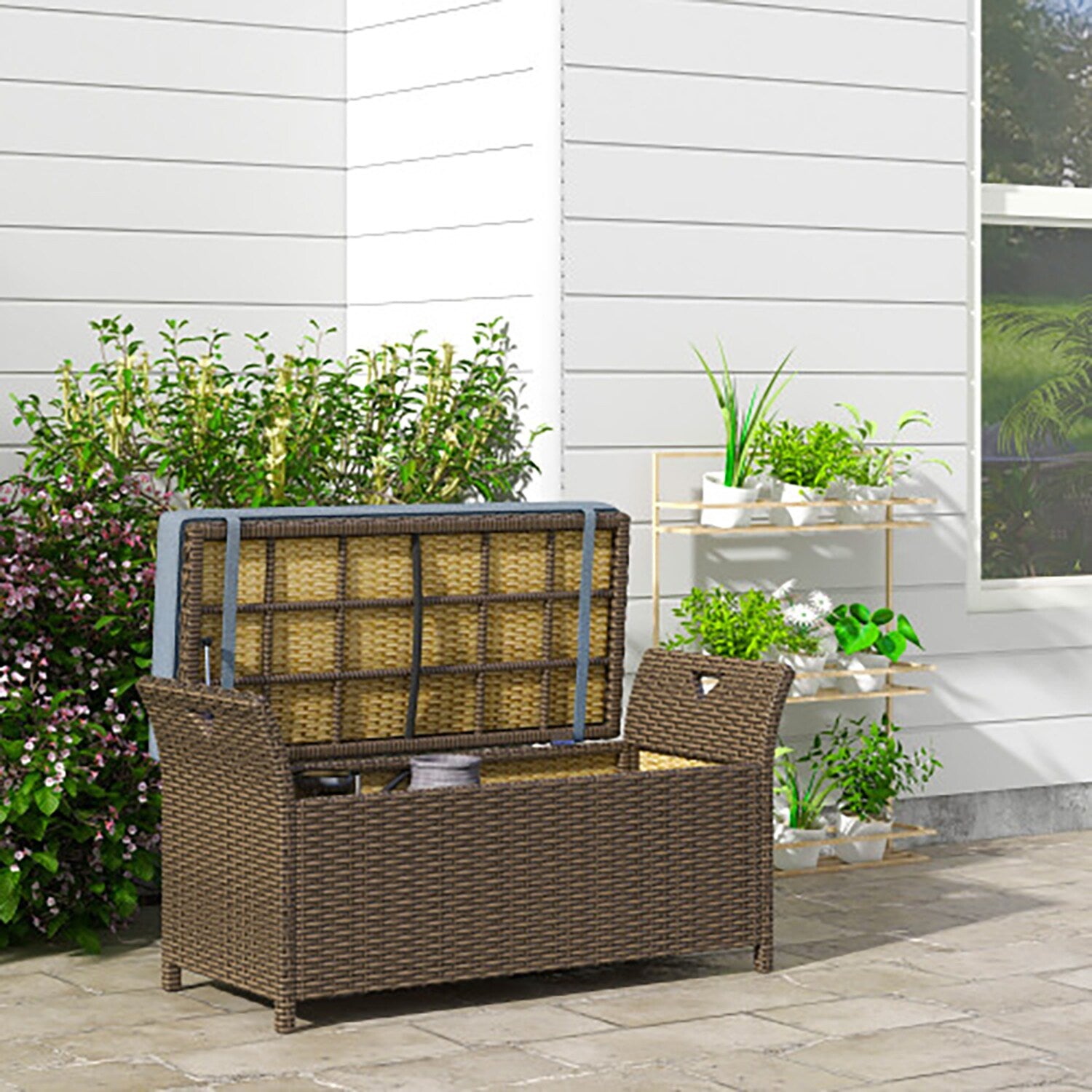 GZMR Outsunny 27 Gallon Patio Wicker Storage Bench 41.25 W x 20.25-in H Brown Wicker Steel Garden Bench