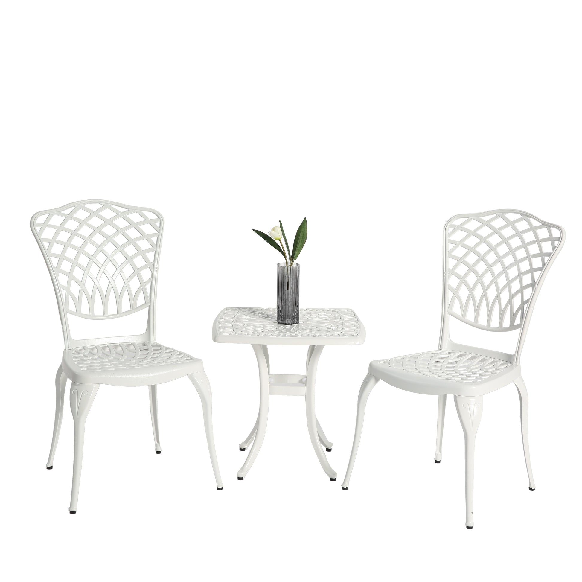 AHIOU HOME Berkeley 3 -Piece White Bistro Patio Dining Set Aluminum Square Table with 2 Stationary Chairs