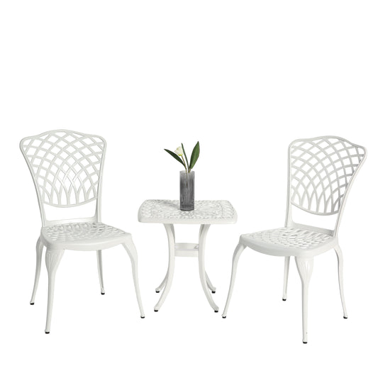 AHIOU HOME Berkeley 3 -Piece White Bistro Patio Dining Set Aluminum Square Table with 2 Stationary Chairs