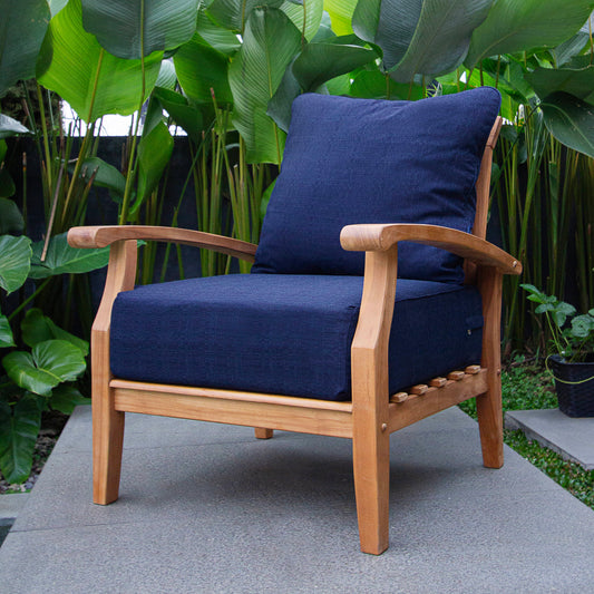Cambridge Casual Auburn Natural Teak Wood Frame Stationary Conversation Chair with Navy Cushioned Seat