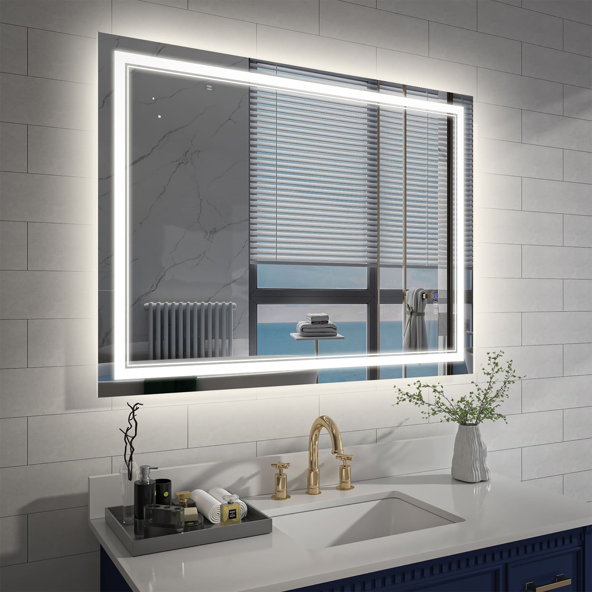 ExBrite Lunor 48-in x 32-in Polished Frameless Rectangle Dimmable LED Lighted Fog Free Bathroom Vanity Mirror ( Pure White )