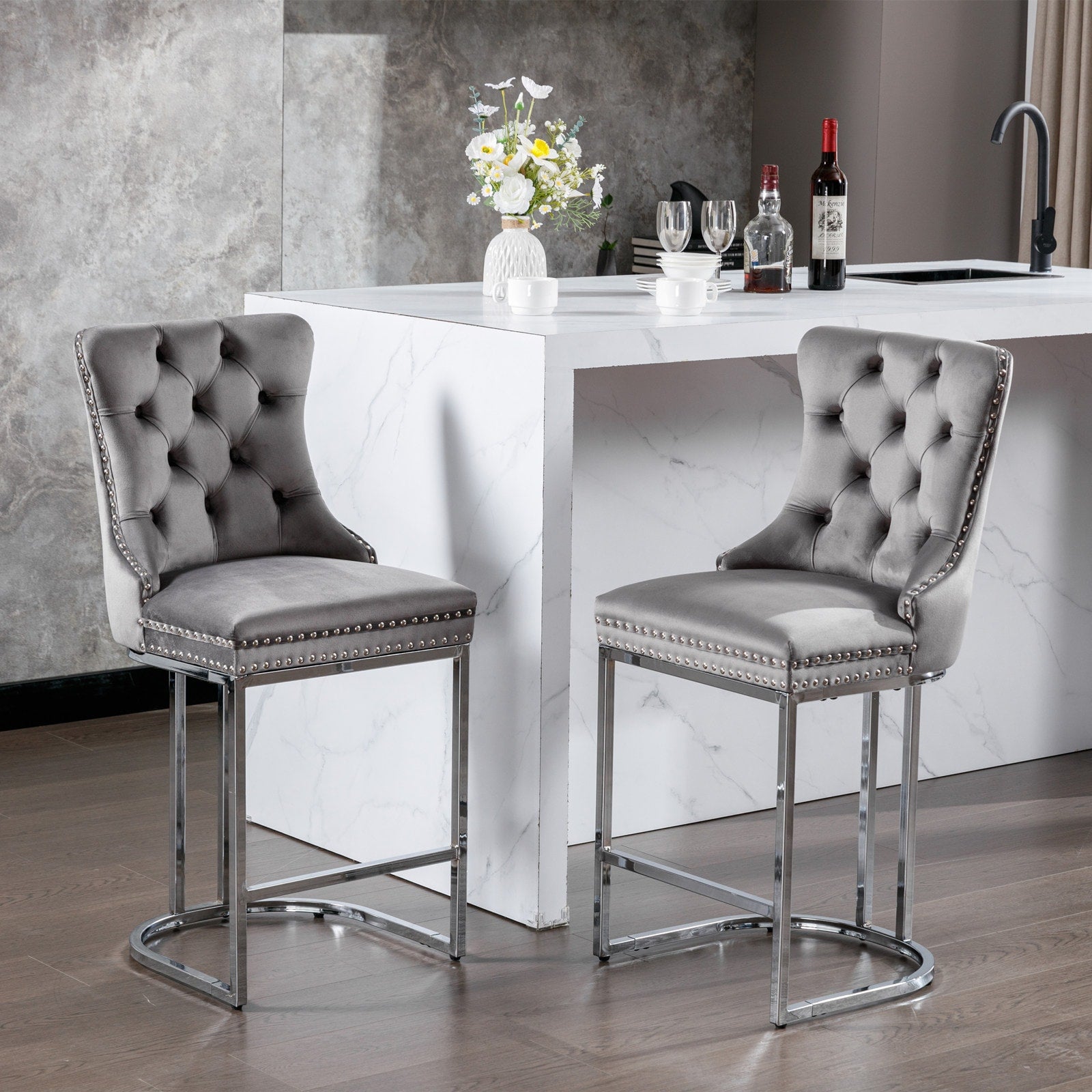 Hrinhom GRAY 25.2-in H Tall Upholstered Metal Bar Stool