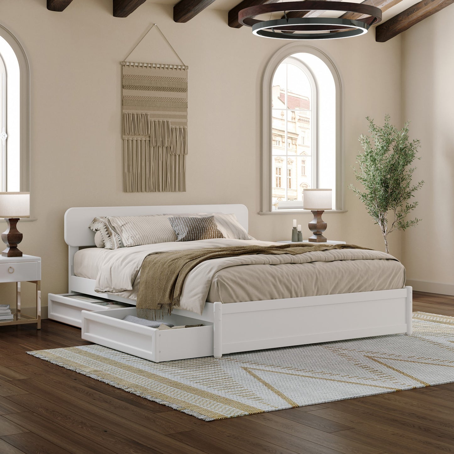 AFI Queen White Wood Platform Bed Storage with Headboard