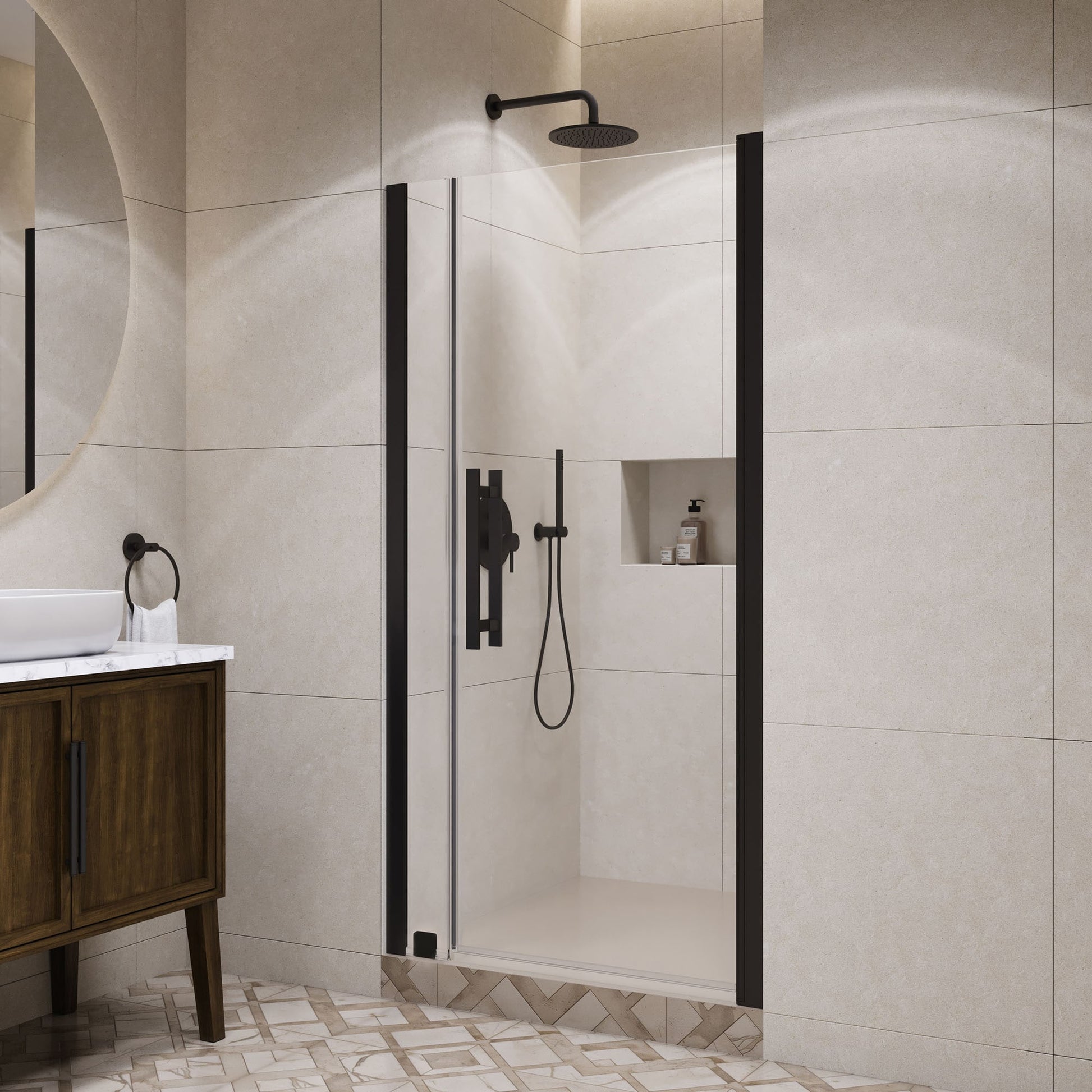 OVE Decors Pasadena Matte Black 37-7/16-in to 39-3/8-in W x 72.01-in H Frameless Clear Glass Pivot Shower door