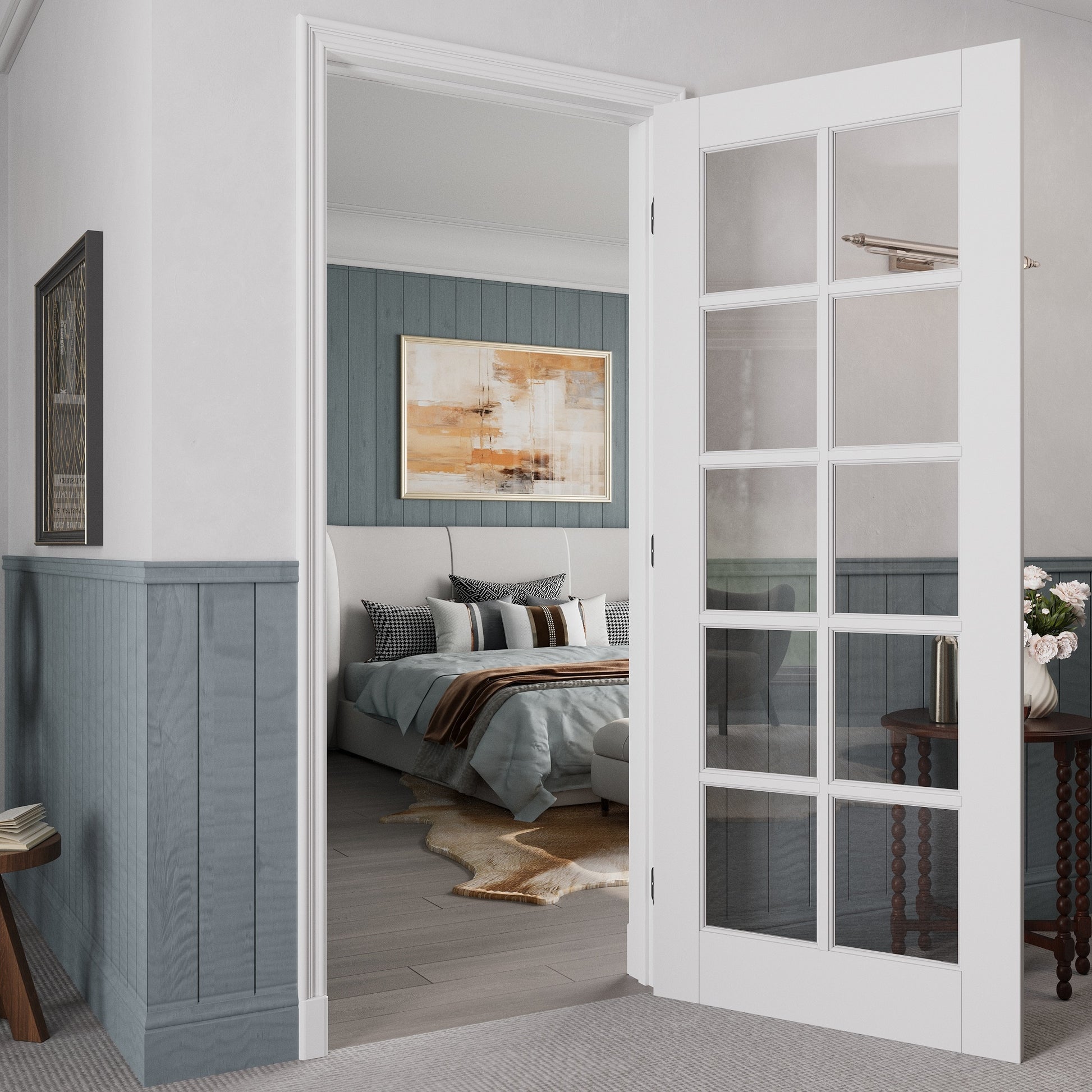 JUJUBON 36-in x 80-in White Quickly Assemble Jamb Solid core 10-panel Clear glass Left hand Smooth Prefinished MDF Flat Jamb Single Prehung Interior Door with