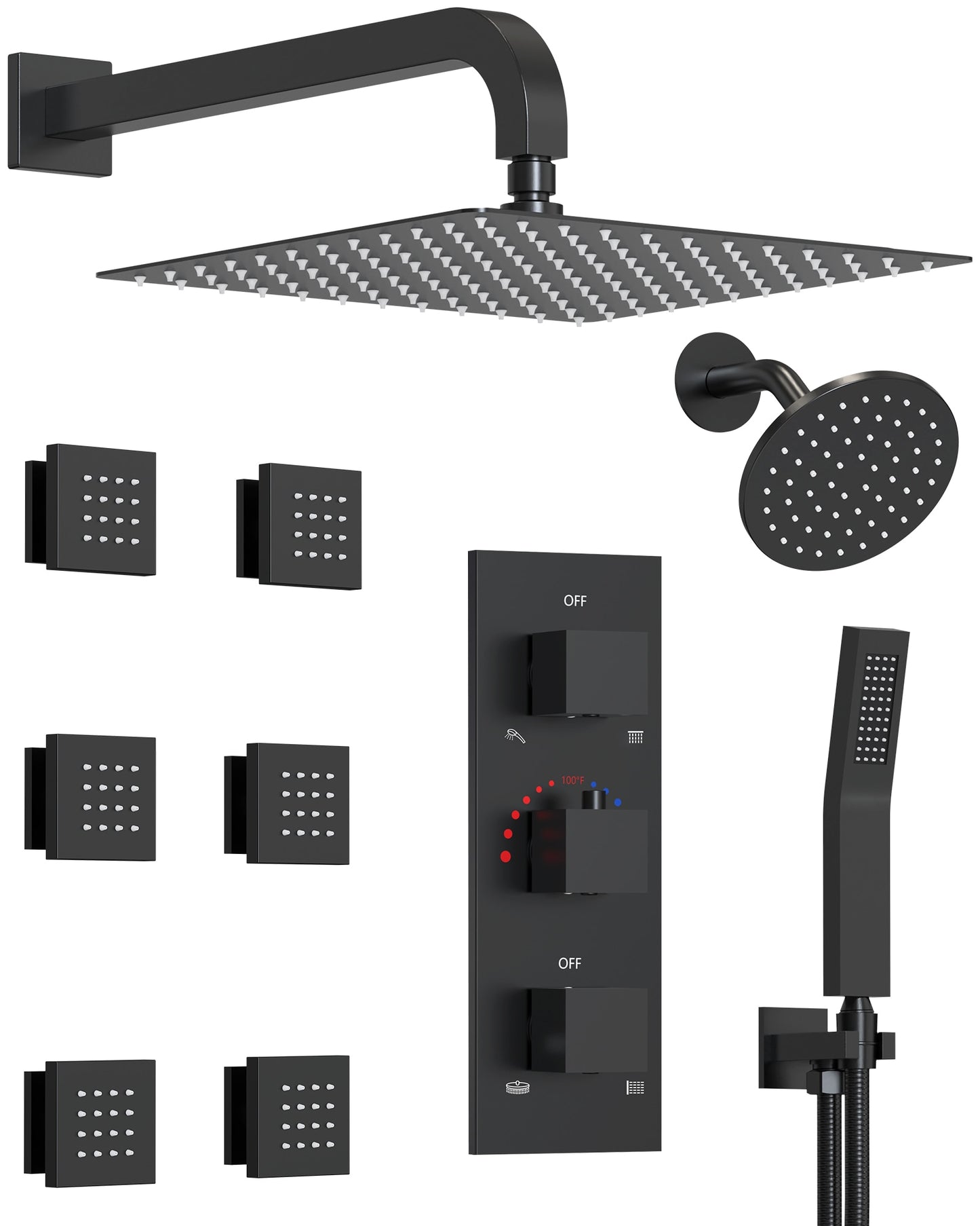 GRANDJOY Rainfall Matte Black 12-in Dual Head Built-In ShowerÂ FaucetÂ System with 4-way Diverter ( Thermostatic Valve Included )
