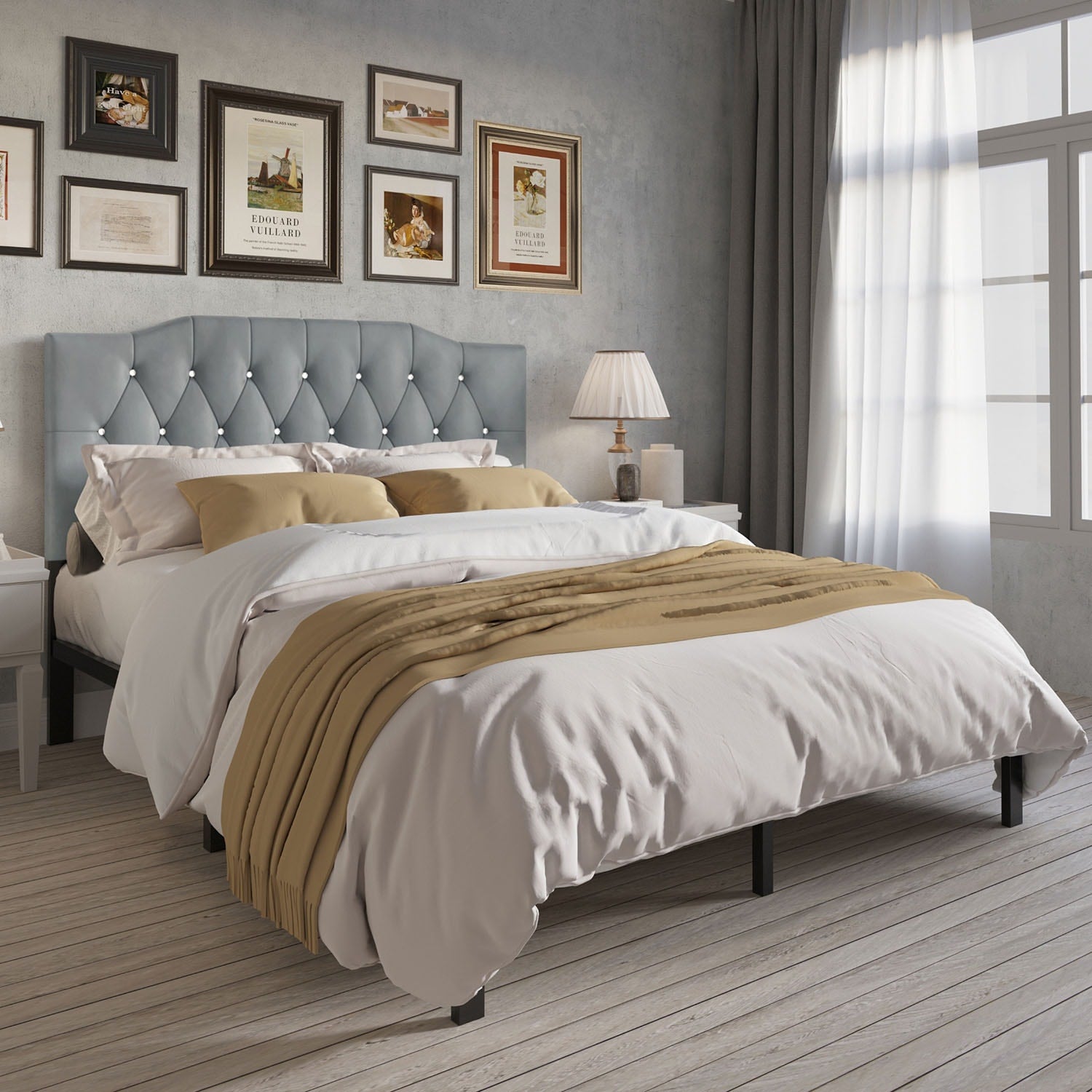 ChaletPosh Queen Light Grey Wood Tufted Platform Bed with Headboard