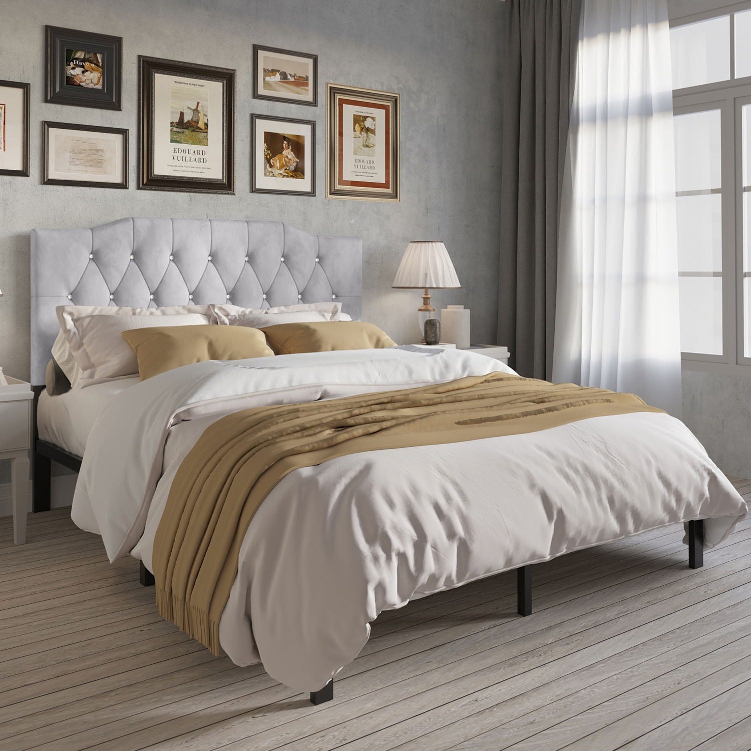 ChaletPosh Queen Silver Grey Wood Tufted Platform Bed with Headboard