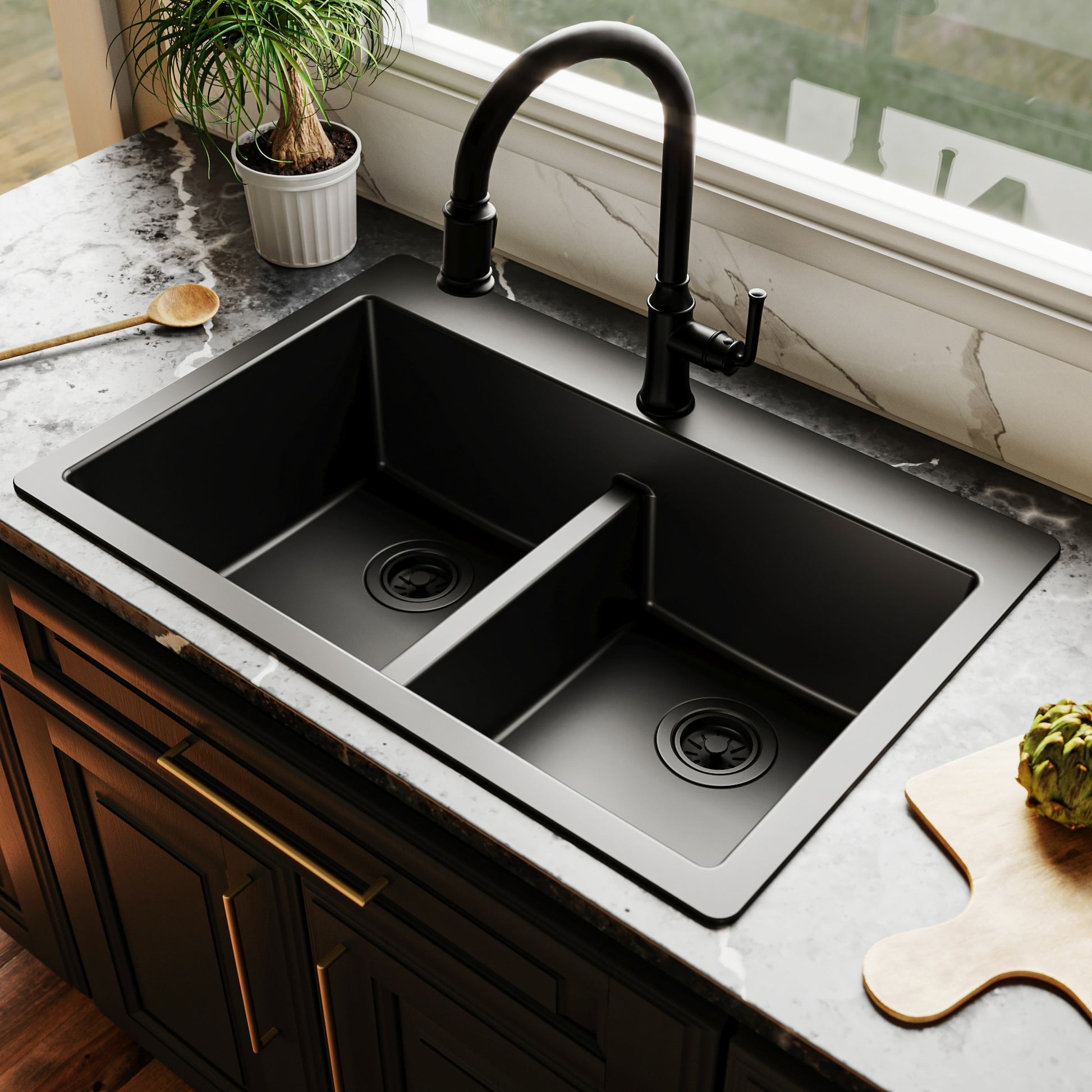 allen + roth Kaiden Drop-in or undermount 33-in x 22-in Quartz Double equal bowl Kitchen Sink