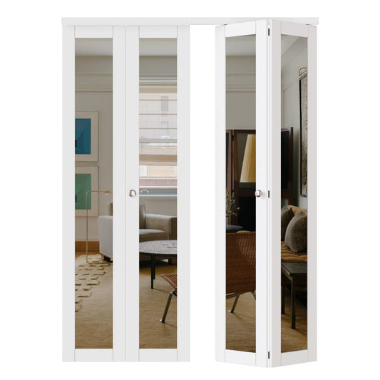 JUJUBON Closet Door 48-in x 80-in White 1-panel Mirrored glass Smooth Solid core Prefinished MDF Closet Bifold Door ( Hardware Included )