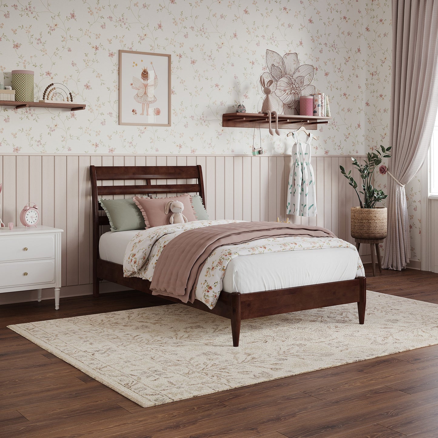 AFI Twin Walnut Wood Low-Profile Bed with Headboard