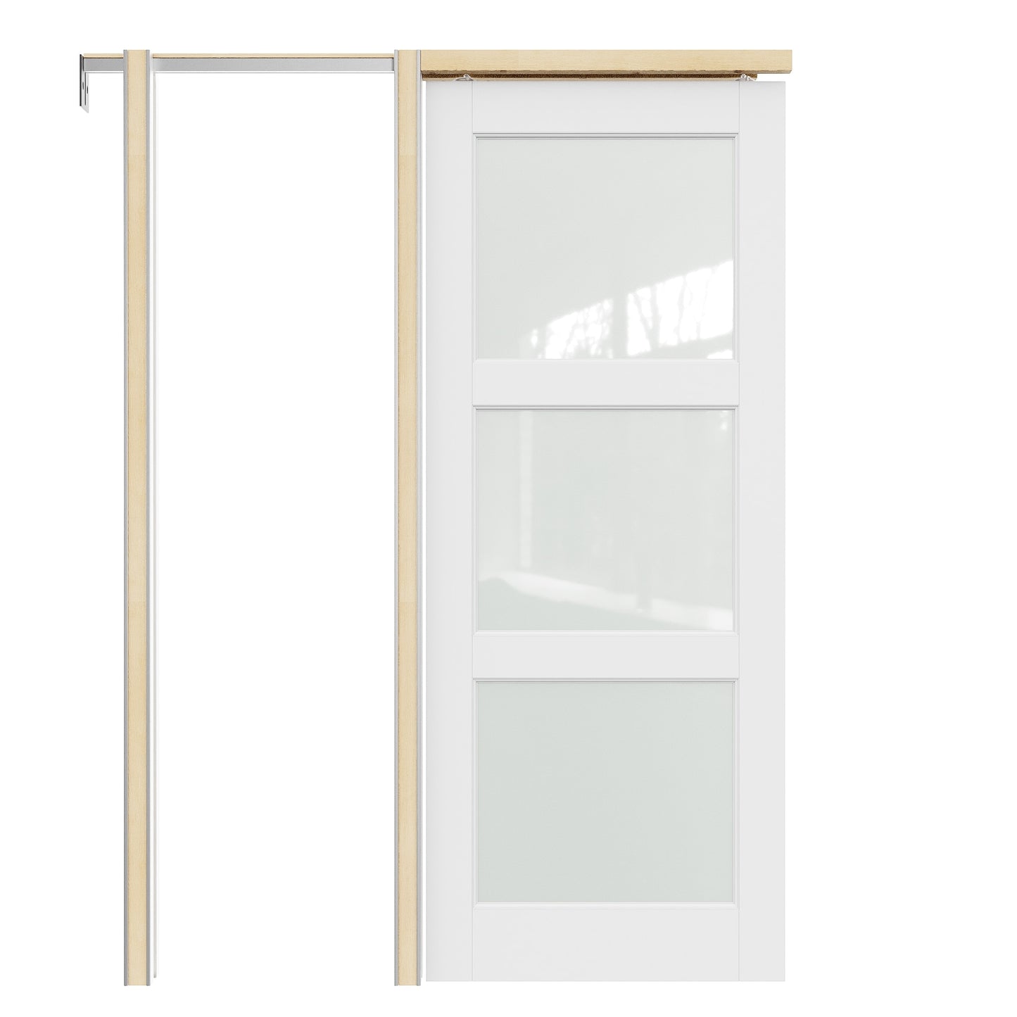 JUJUBON 30-in x 96-in Wood Pocket Door Frame with 3-Lite Glass White Primed MDF Pocket Door and Hardware Soft Close Included