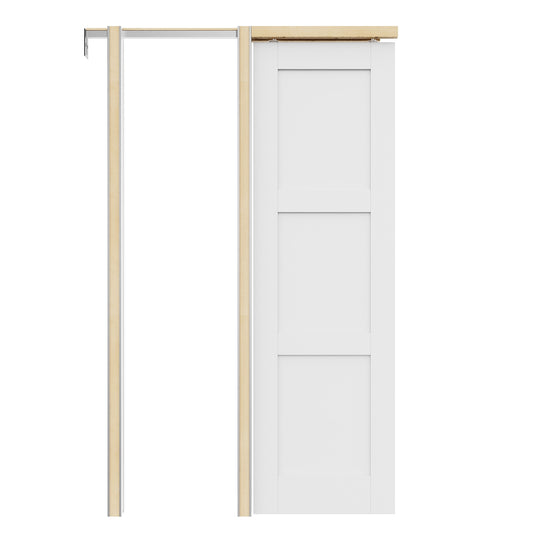 JUJUBON 24-in x 80-in Wood Pocket Door Frame with White Primed 3-Panel MDF Door with Solid Core Pocket Door and Hardware Soft Close Included
