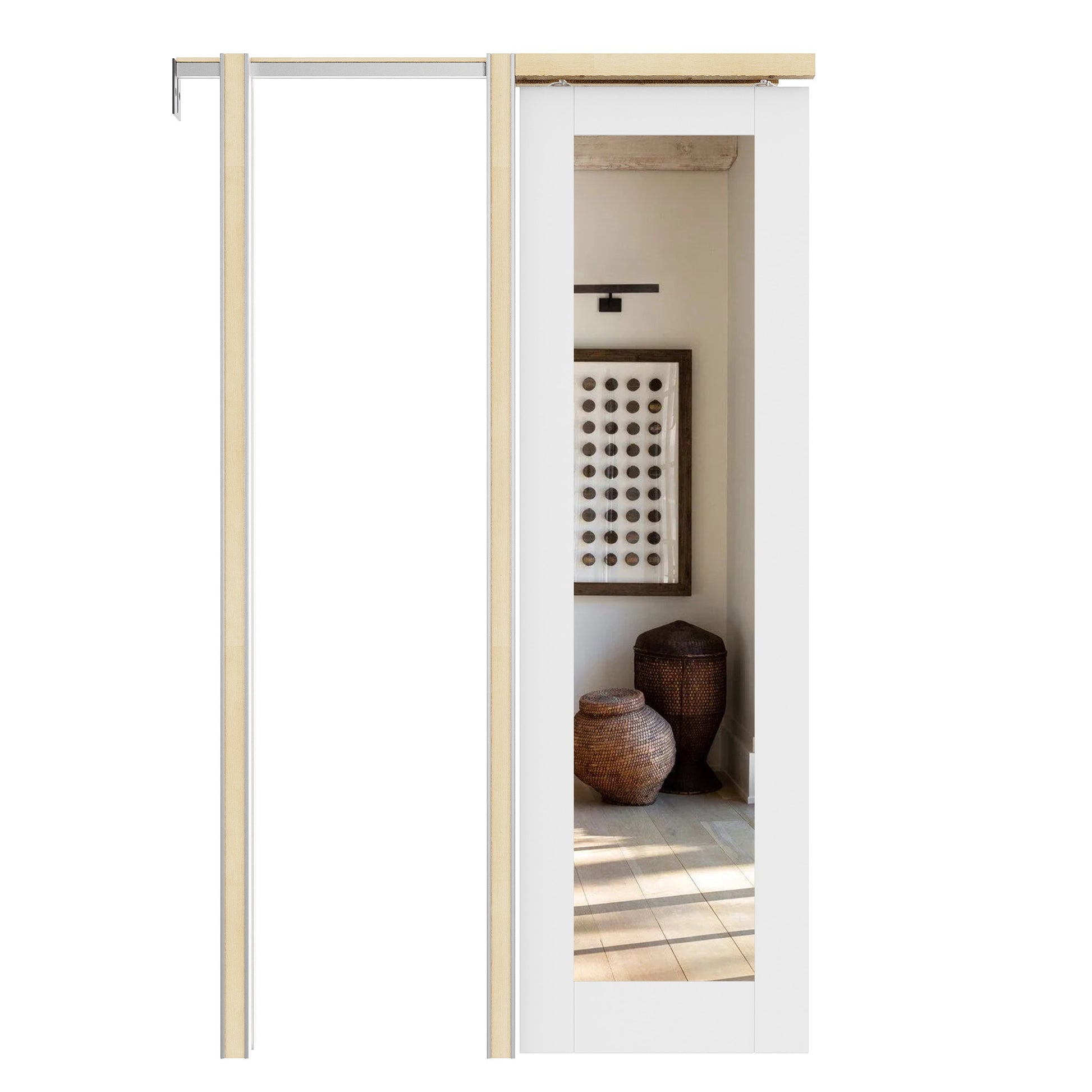 JUJUBON 28-in x 80-in Wood Pocket Door Frame with 1-Lite White Mirrored Glass Primed MDF Wood Pocket Door and Hardware Soft Close Included