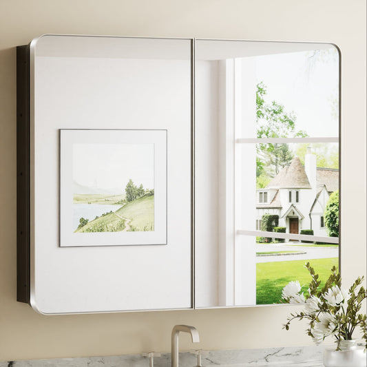 Keonjinn 40-in x 32-in Surface/Recessed Mount Brushed Nickel Mirrored Rectangle Soft Close Medicine Cabinet