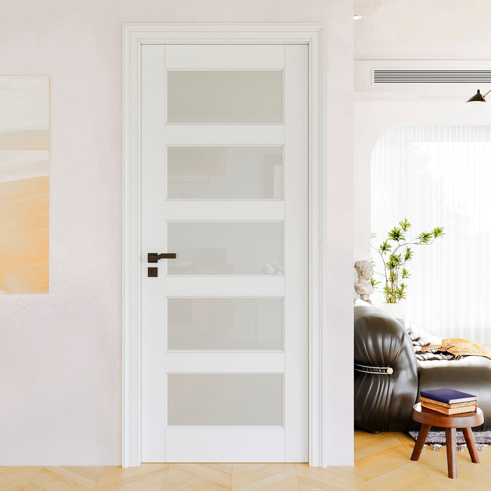 JUJUBON Traditional- 32-in x 96-in White 5-panel Frosted glass Smooth Solid core Prefinished MDF Slab Door