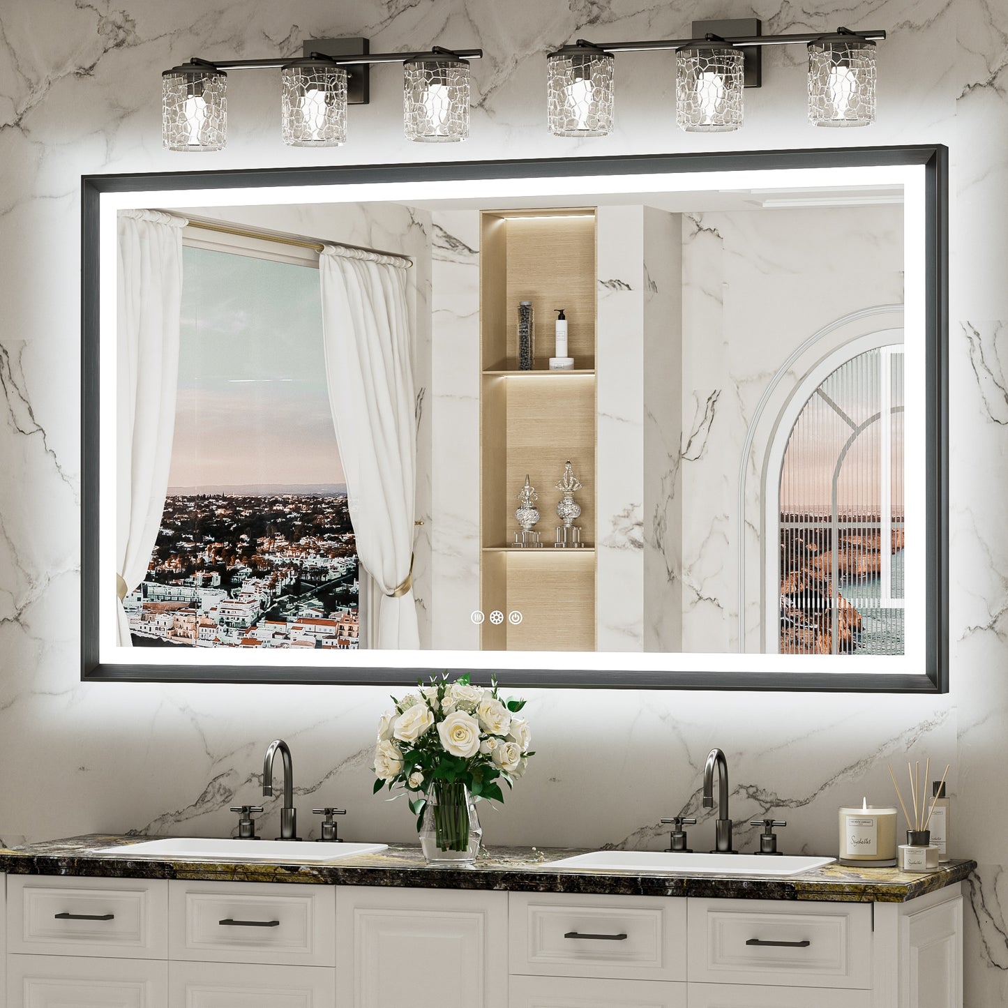 Keonjinn Backlit Bathroom LED Lighted Mirrors 60-in x 36-in Framed Rectangle Dimmable LED Lighted Fog Free Bathroom Vanity Mirror ( Brushed Black )