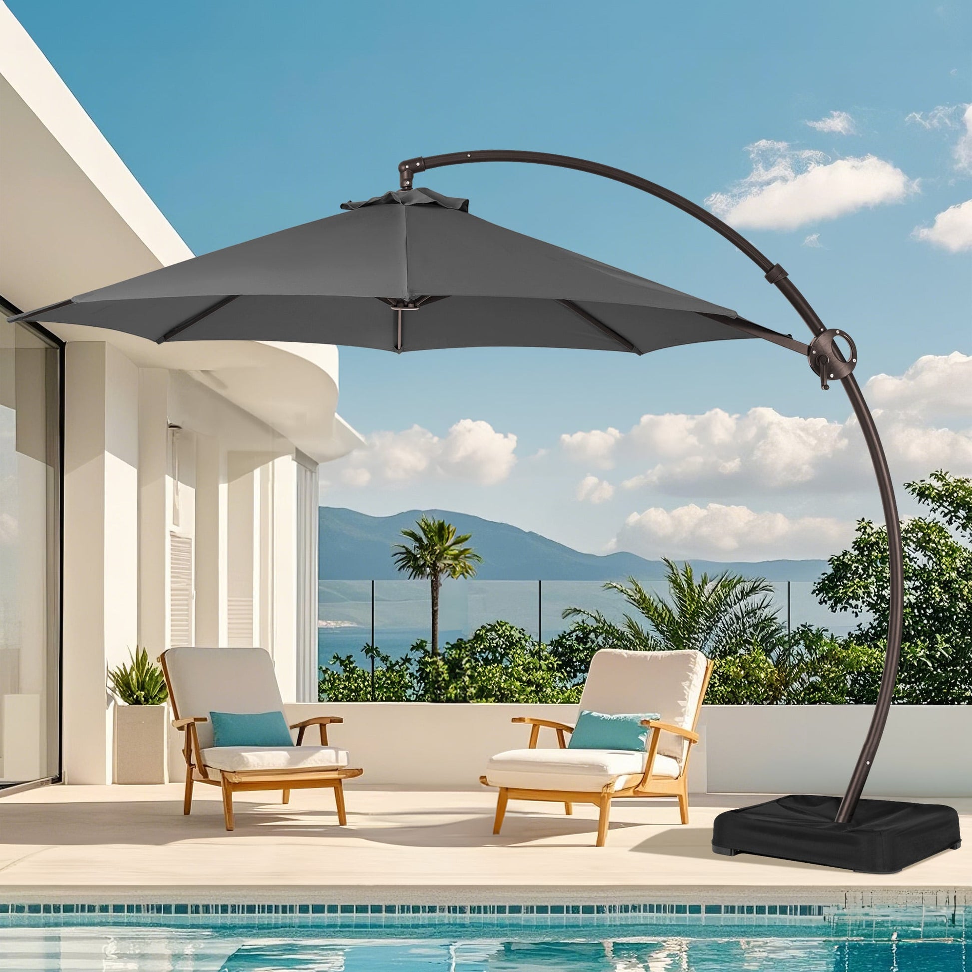 JEAREY 10-Feet Aluminum Gray Crank Cantilever Patio Umbrella with Base