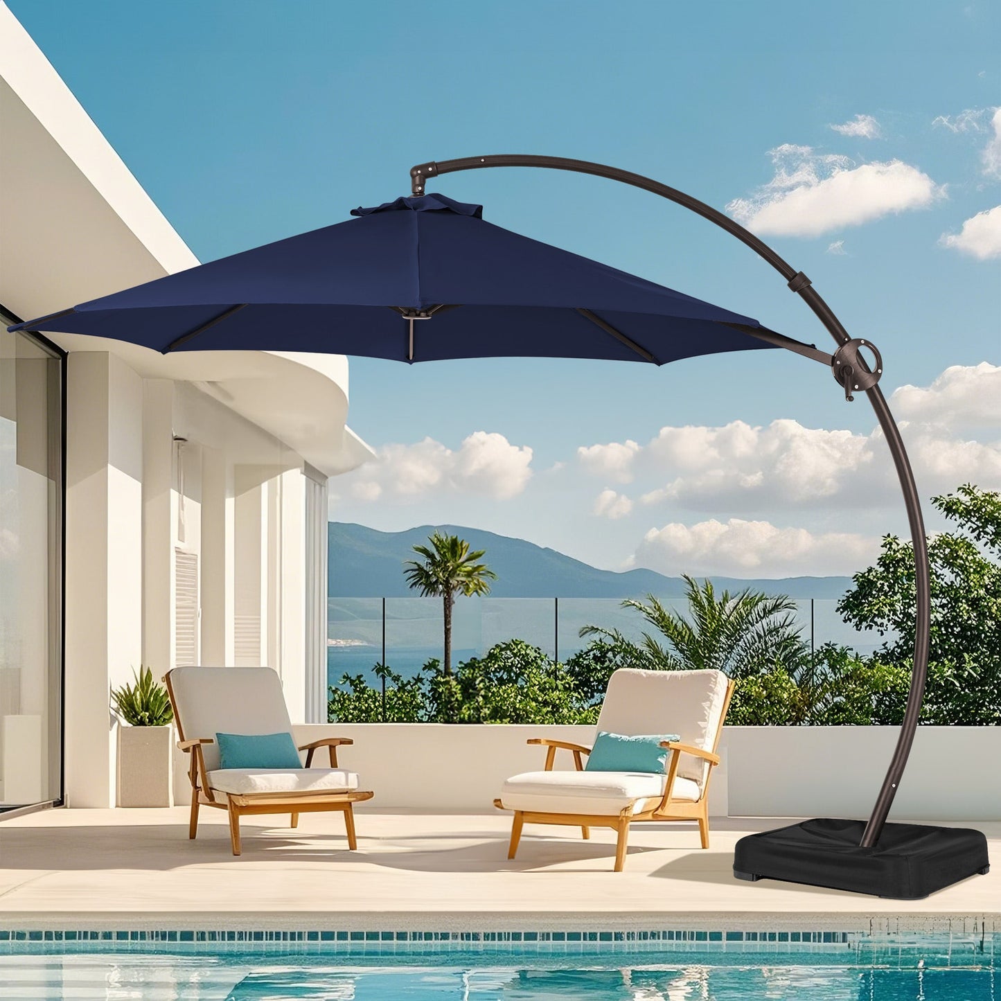 JEAREY 10-ft Aluminum Navy Crank Cantilever Patio Umbrella with Base