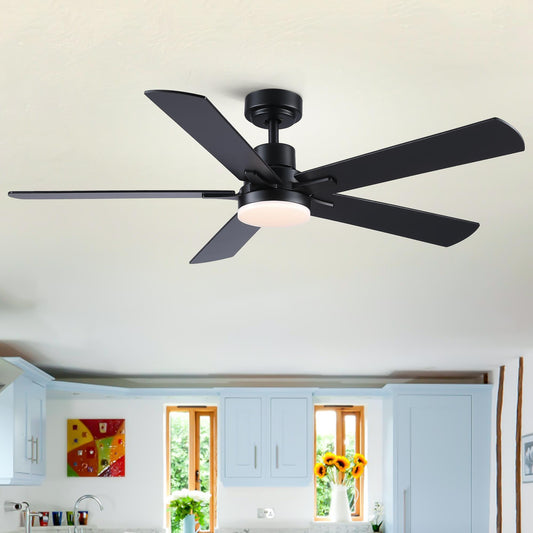 Bayfeve Adjustable Speed 52-in Black with Plywood Blades Color-Changing Integrated LED Covered Outdoor Ceiling Fan With Light and Remote Included 5 -Blade