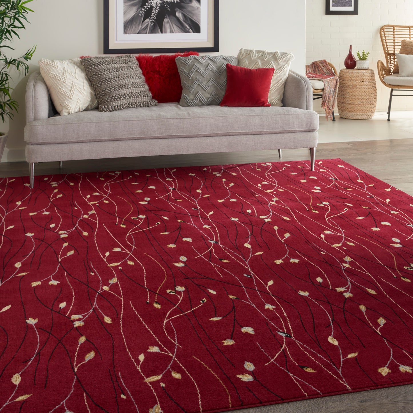 Nourison Home 8 x 12 (ft) Loomed Polypropylene Red Rectangular Indoor Floral/Botanical Professionally Clean Only Area rug