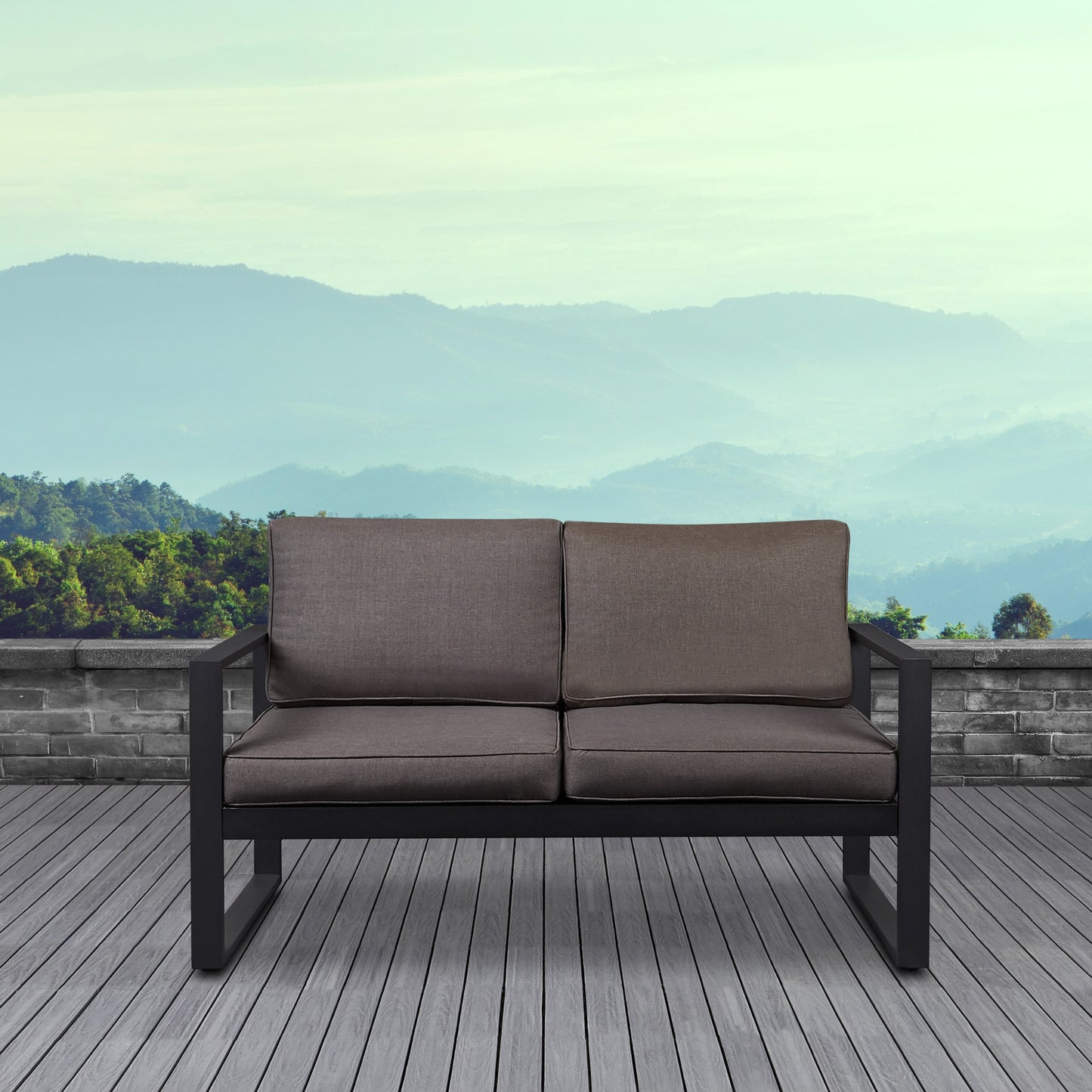 Real Flame Baltic Outdoor Loveseat with Brown Cushions and Aluminum Frame