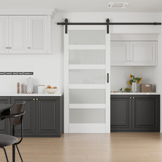 JUJUBON 30-in x 84-in White Square Frosted glass MDF Solid core Single Barn Door (Hardware Included)