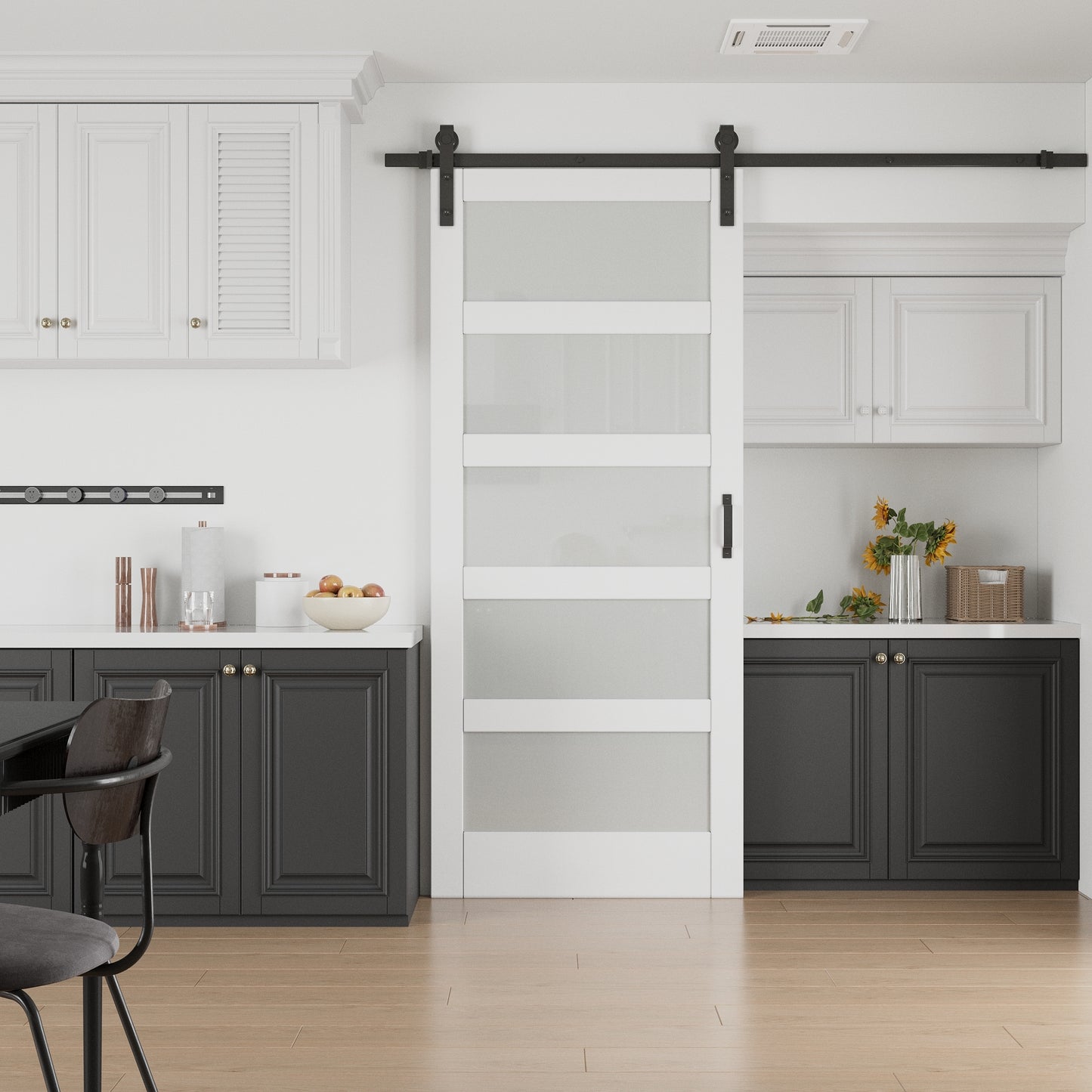 JUJUBON 42-in x 84-in White Square Frosted glass MDF Solid core Single Barn Door (Hardware Included)