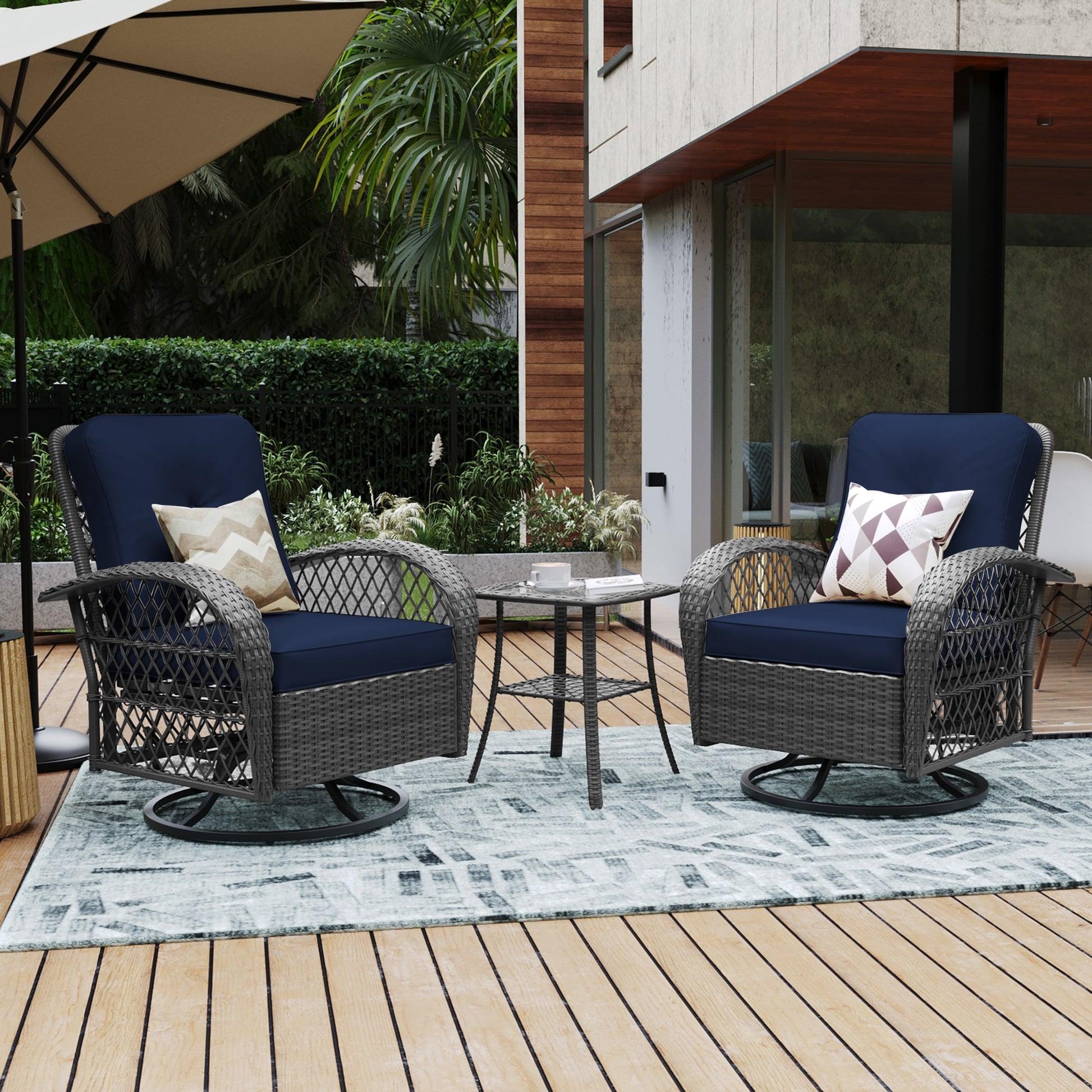 UPHA 3-piece Patio Swivel Chairs Set of 2 Wicker Gray Wicker Frame Swivel rocker Conversation Chair with Navy Cushioned Seat
