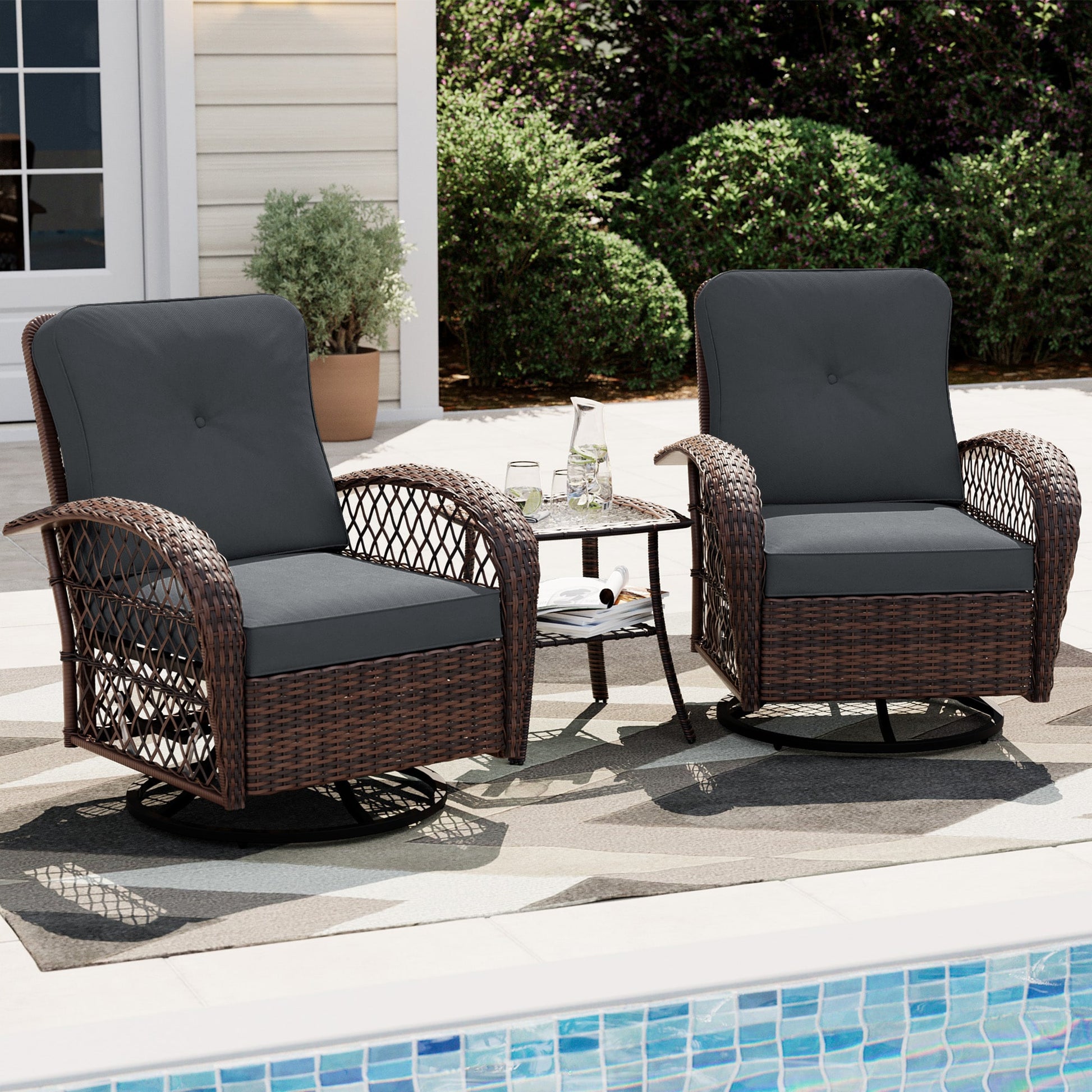 UPHA 3-piece Patio Swivel Chairs Set of 2 Wicker Brown Wicker Frame Swivel rocker Conversation Chair with Gray Cushioned Seat