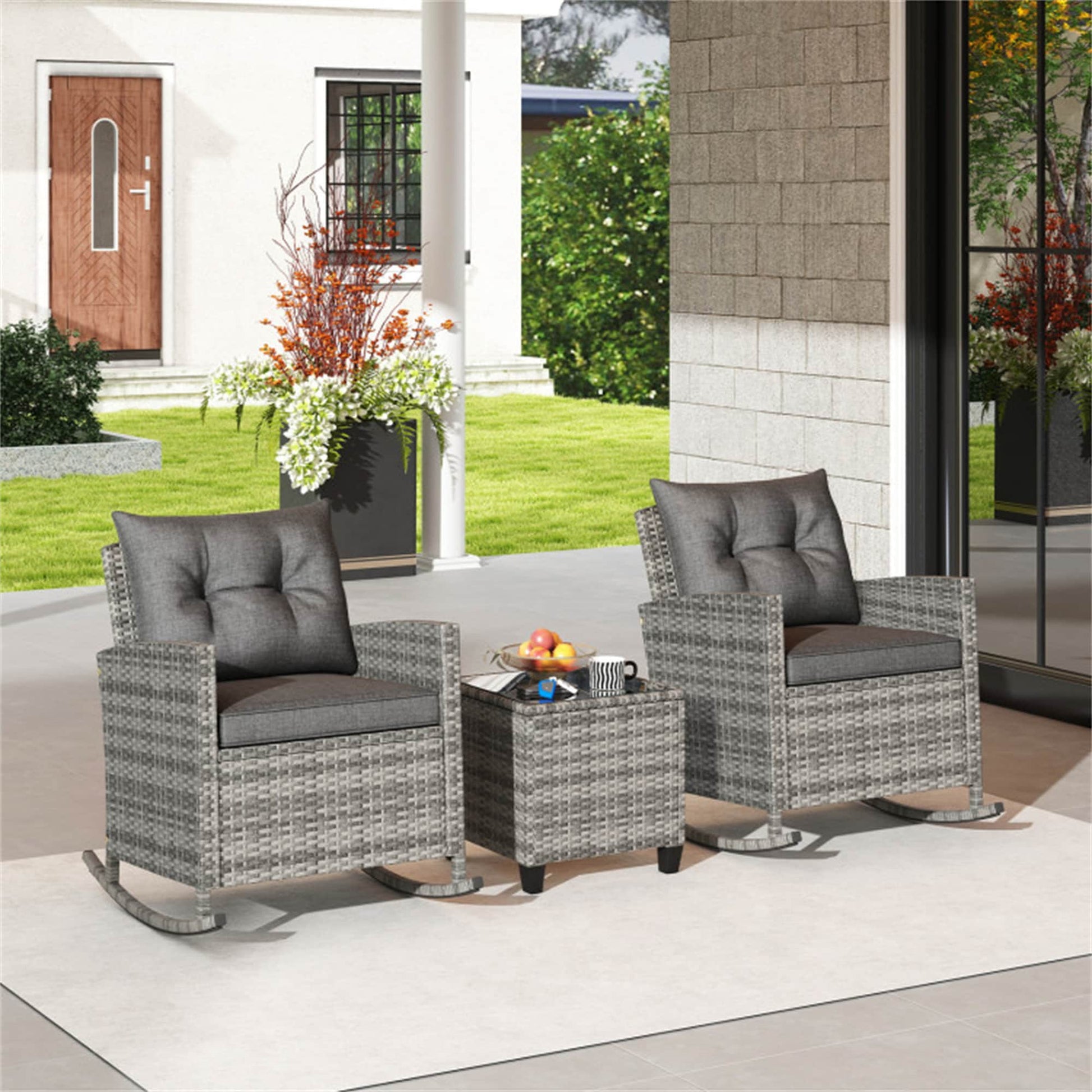 BABOOM Outdoor Rocking Set 3 -Piece Rattan Patio Conversation Set with Gray Cushions